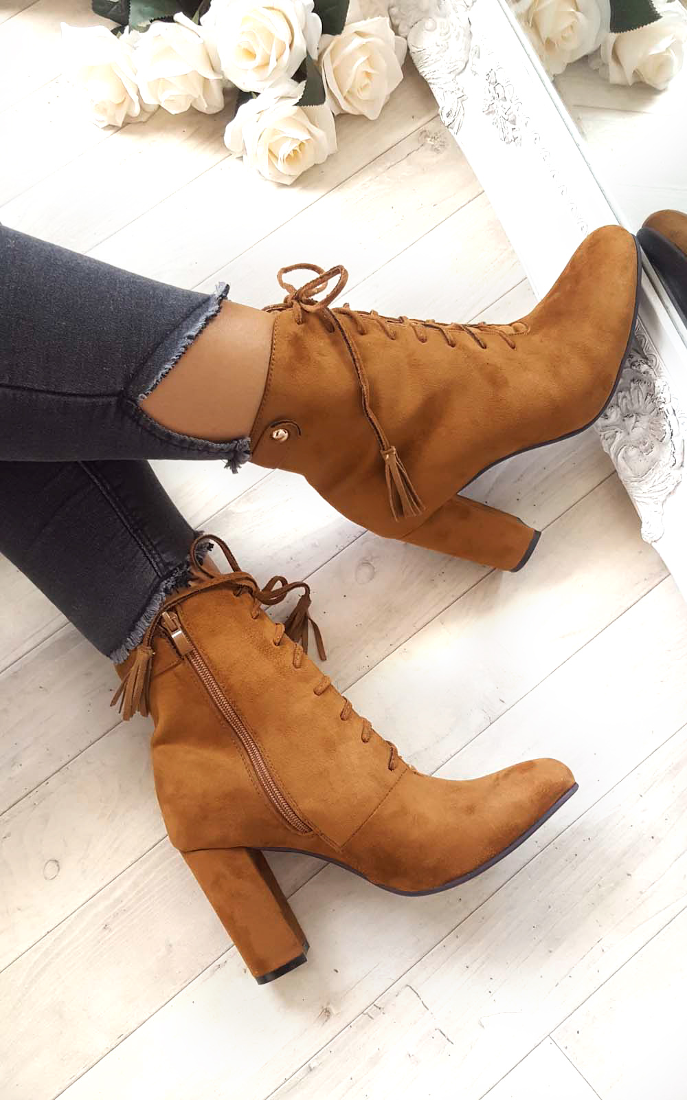 Kiki Faux Suede Lace up Tassel Ankle Boots