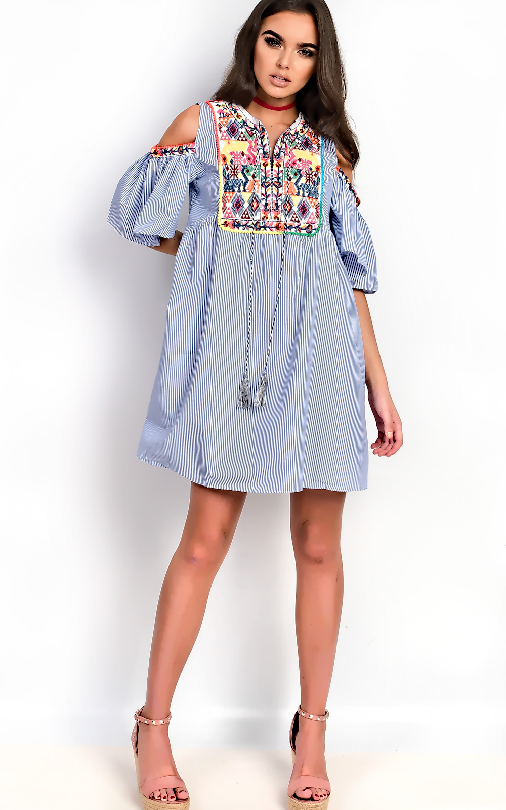 Abi Stripe Pattern Bright PomPom Shift Dress Abi Stripe Pattern Bright PomPom Shift Dress