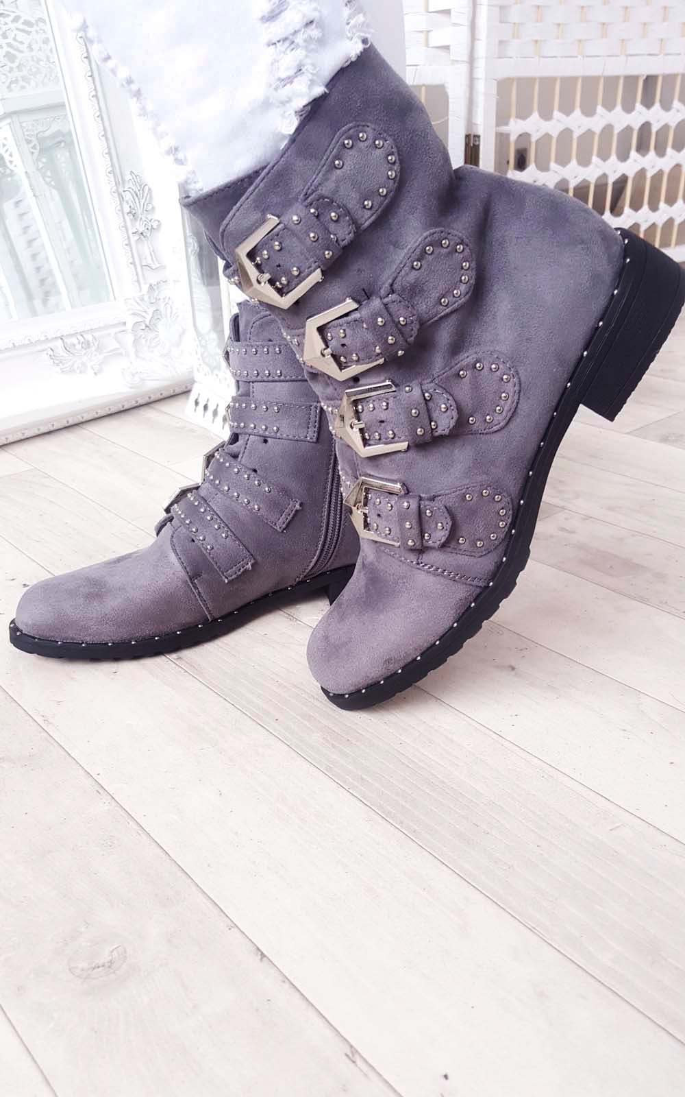 Alexis Studded Buckle Faux Suede Ankle Boots Thumbnail