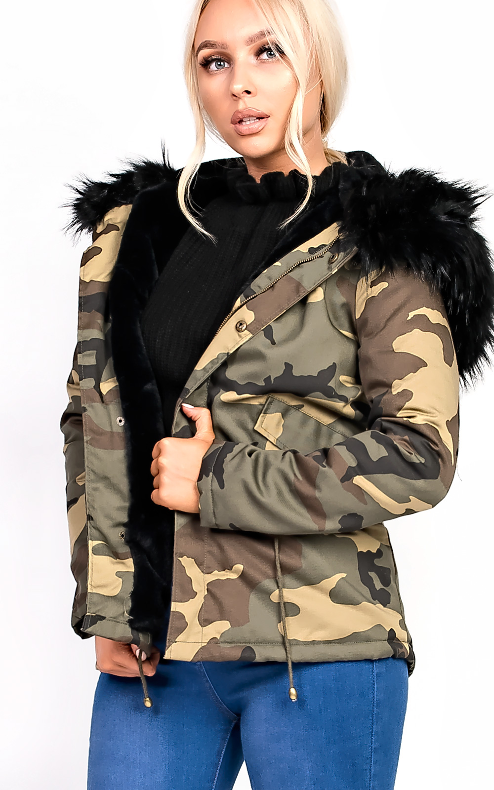 Sara Faux Fur Camo Parka Thumbnail