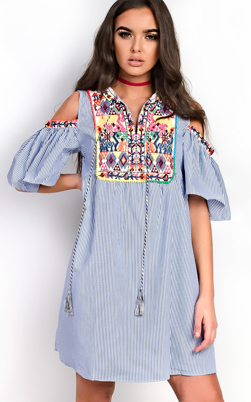 Abi Stripe Pattern Bright PomPom Shift Dress Thumbnail Abi Stripe Pattern Bright PomPom Shift Dress Thumbnail