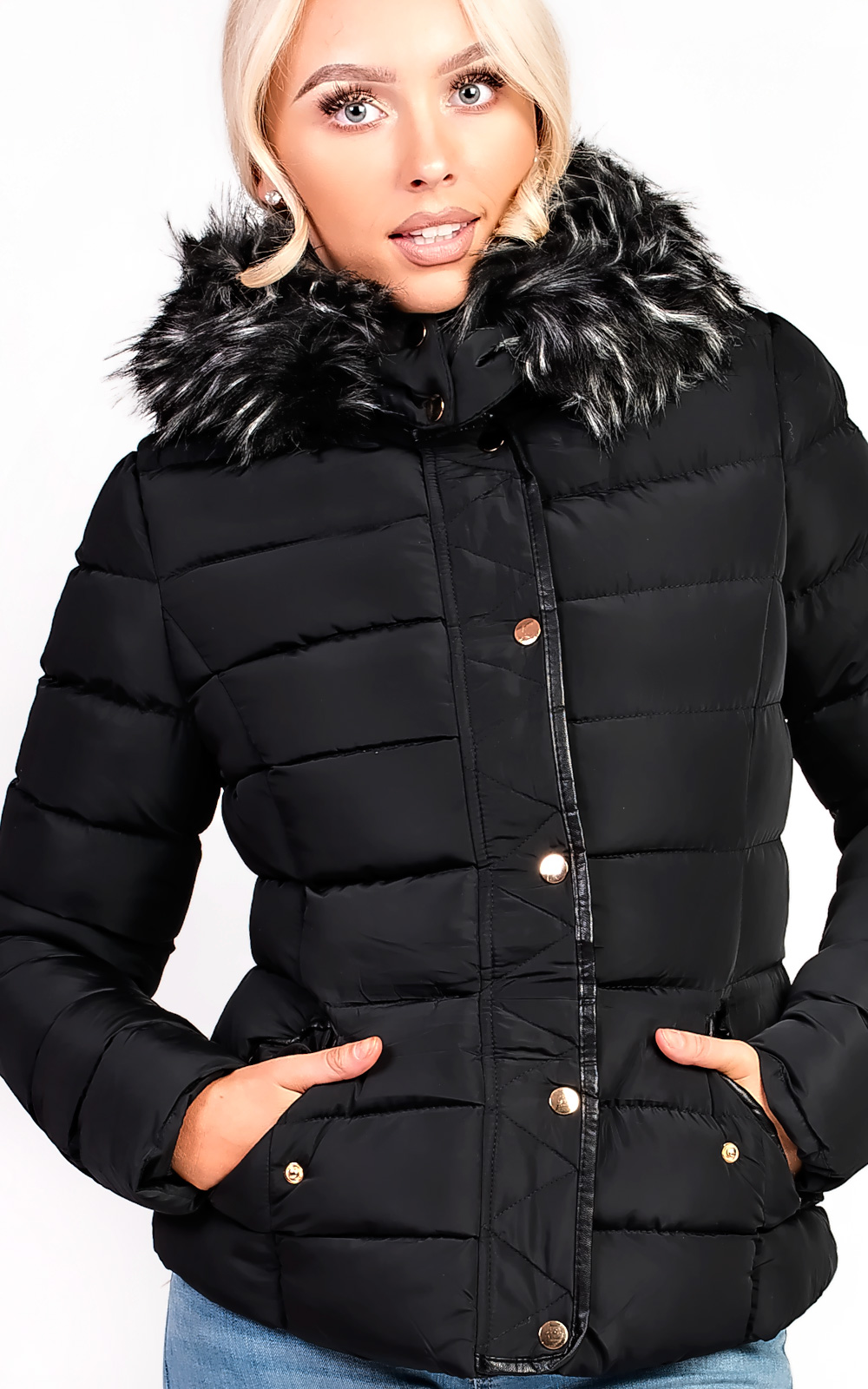 Selina Padded Faux Fur Popper Hooded Jacket Thumbnail Selina Padded Faux Fur Popper Hooded Jacket Thumbnail