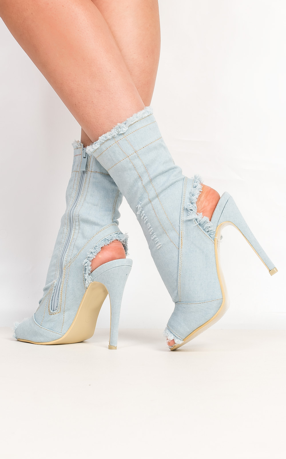 Dena Denim Frayed Peep Toe Heeled Ankle Boots Thumbnail