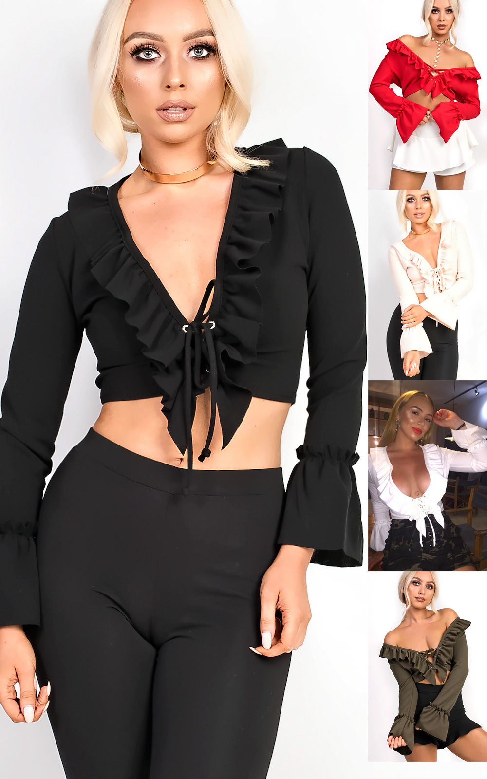 Styla Tie Front Bell Sleeve Crop Top Thumbnail