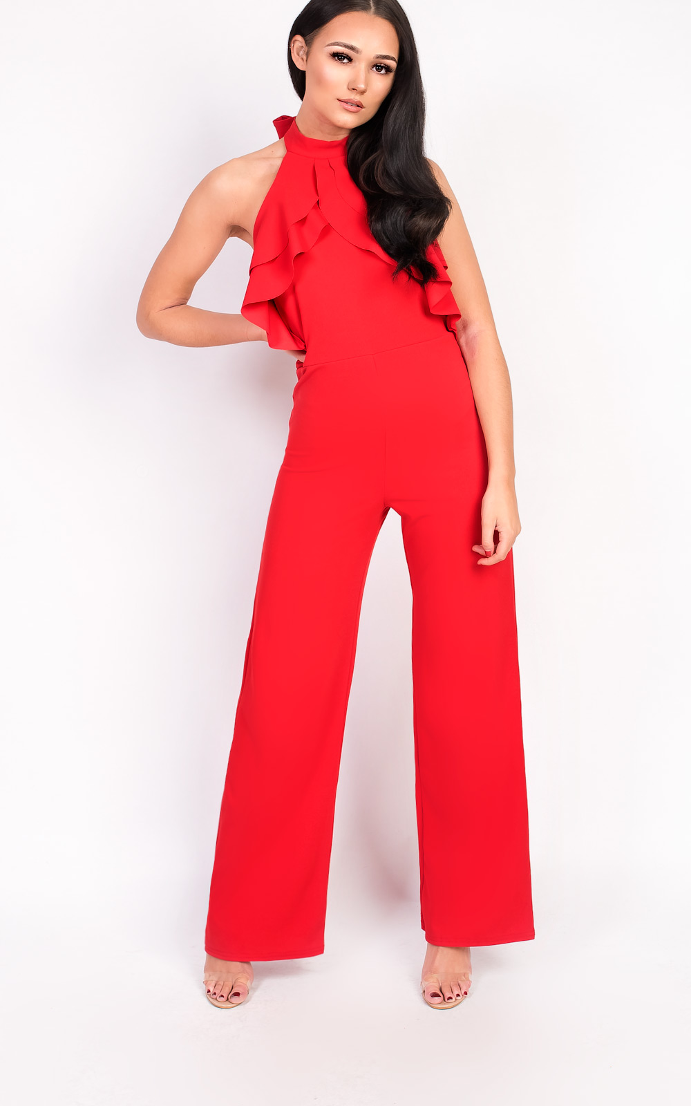 red halter neck jumpsuit
