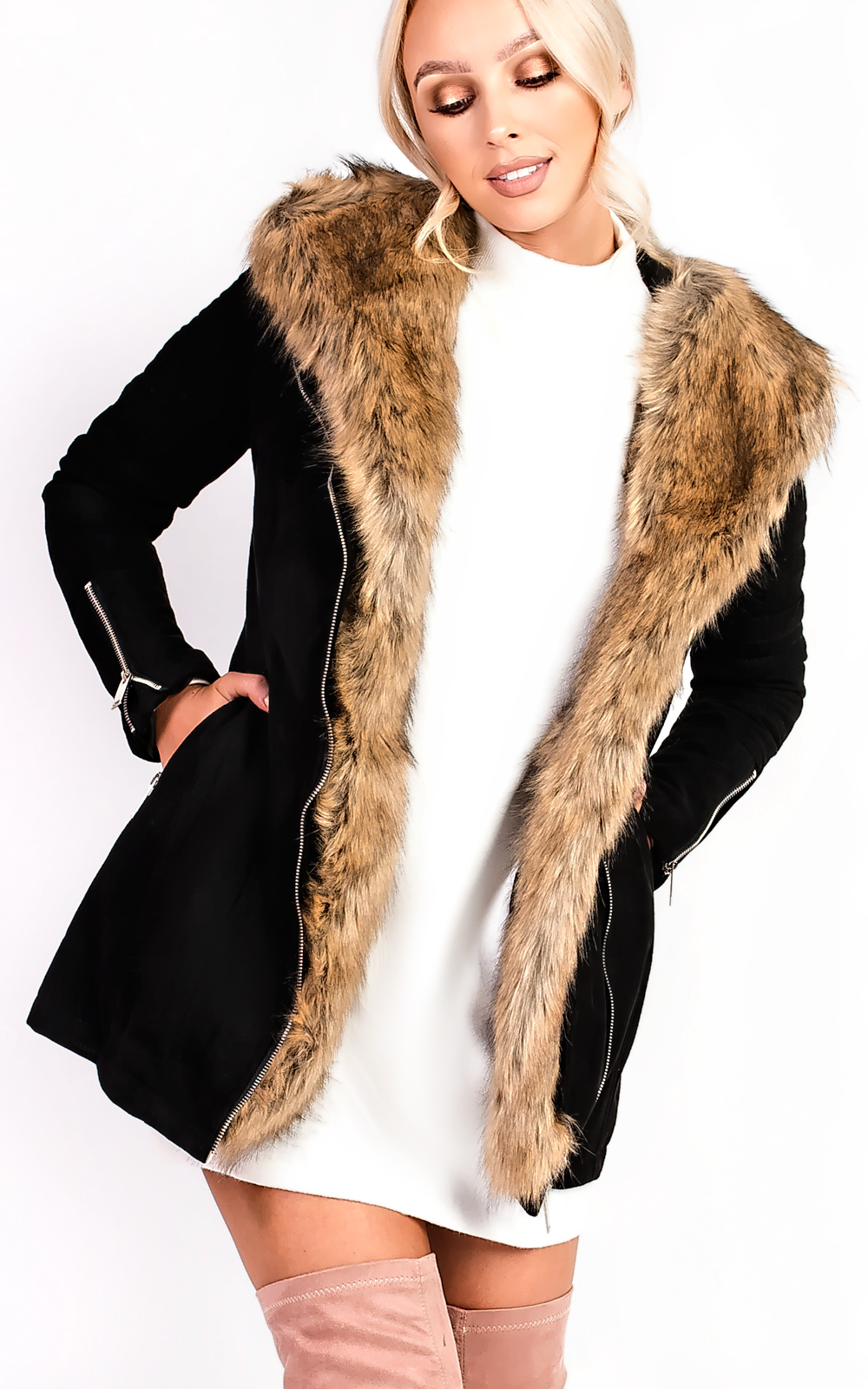 Zoey Faux Suede Fur Longline Jacket