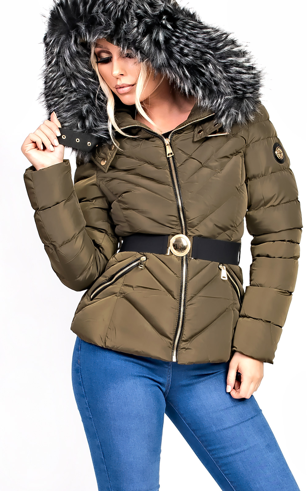 Sylvia Padded Faux Fur Hooded Belted Jacket Thumbnail