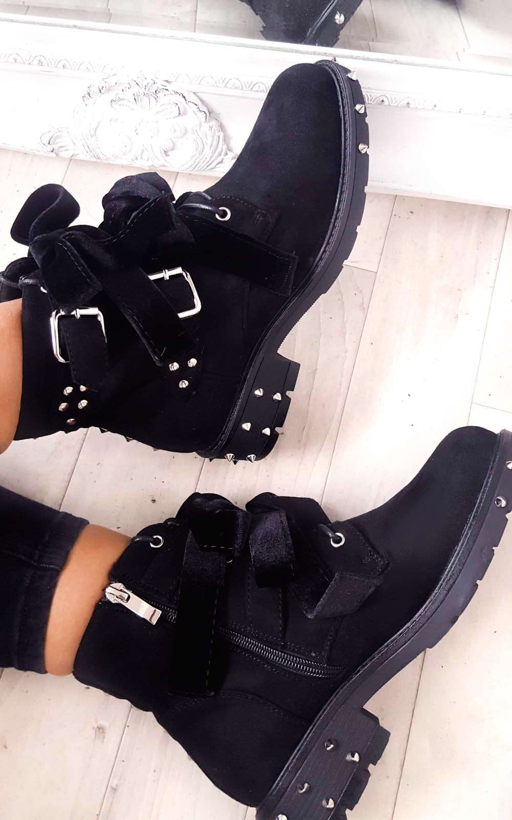 Taylor Studded Bow Faux Suede Ankle Boots Thumbnail