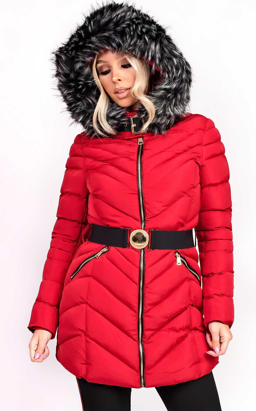 Stella Padded Faux Fur Hooded Belted Jacket Thumbnail