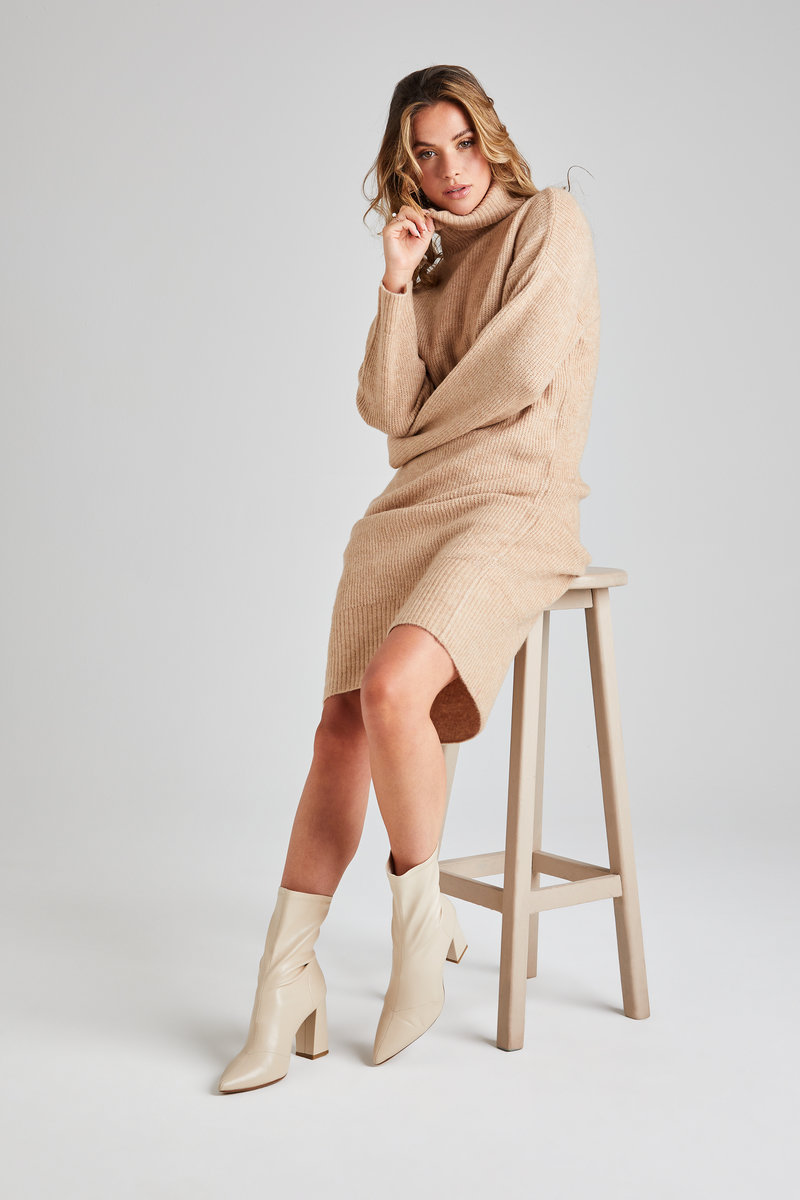 Maisie Camel Roll Neck Knitted Midi Dress Thumbnail Maisie Camel Roll Neck Knitted Midi Dress Thumbnail