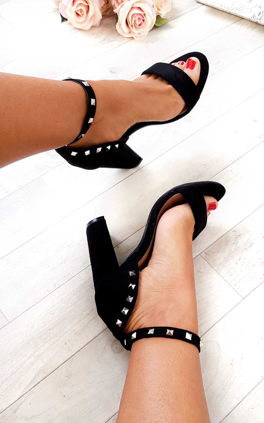 Lalia Faux Suede Studded Block Heels Lalia Faux Suede Studded Block Heels