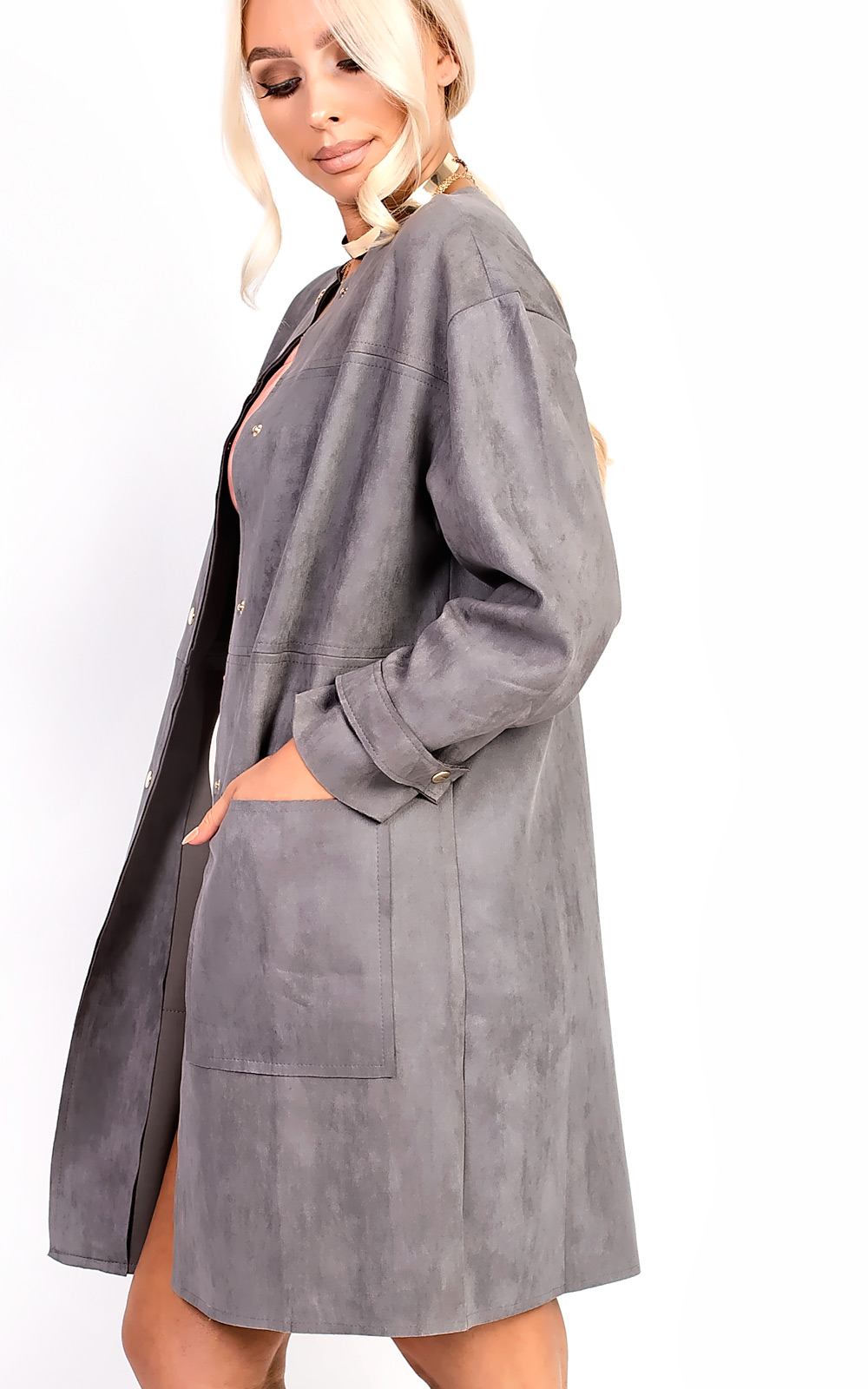 Carmellia Collarless Faux Suede Jacket Thumbnail Carmellia Collarless Faux Suede Jacket Thumbnail