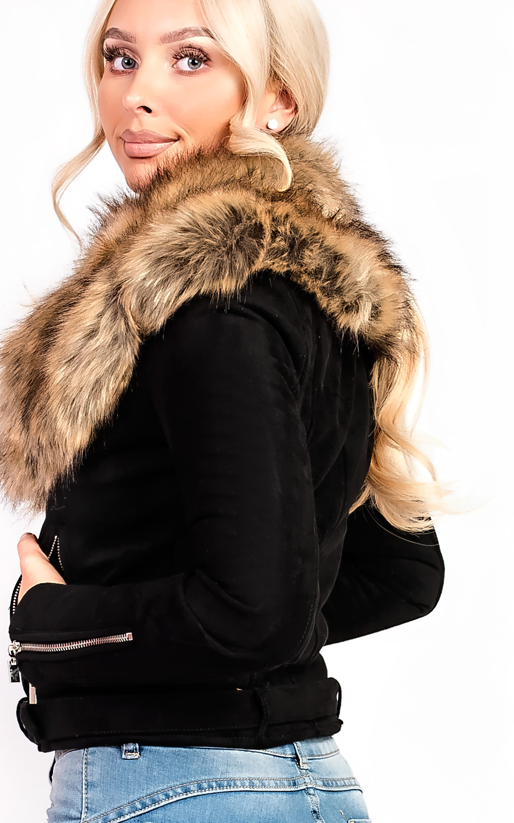 Brienna Faux Fur Suede Biker Jacket Thumbnail