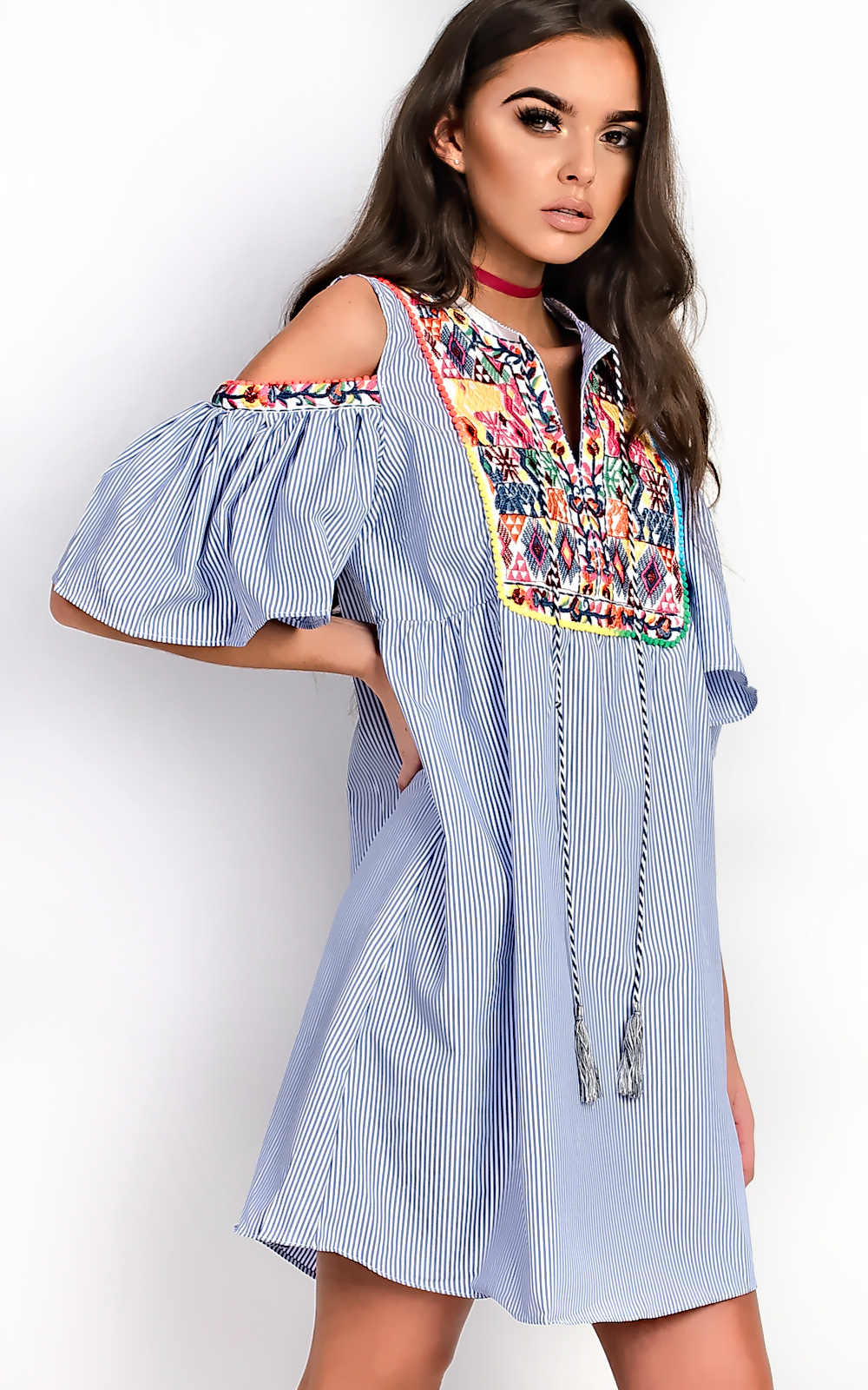 Abi Stripe Pattern Bright PomPom Shift Dress Thumbnail Abi Stripe Pattern Bright PomPom Shift Dress Thumbnail