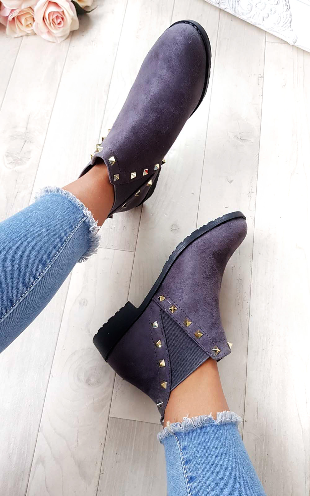 grey suede studded chelsea ankle boots