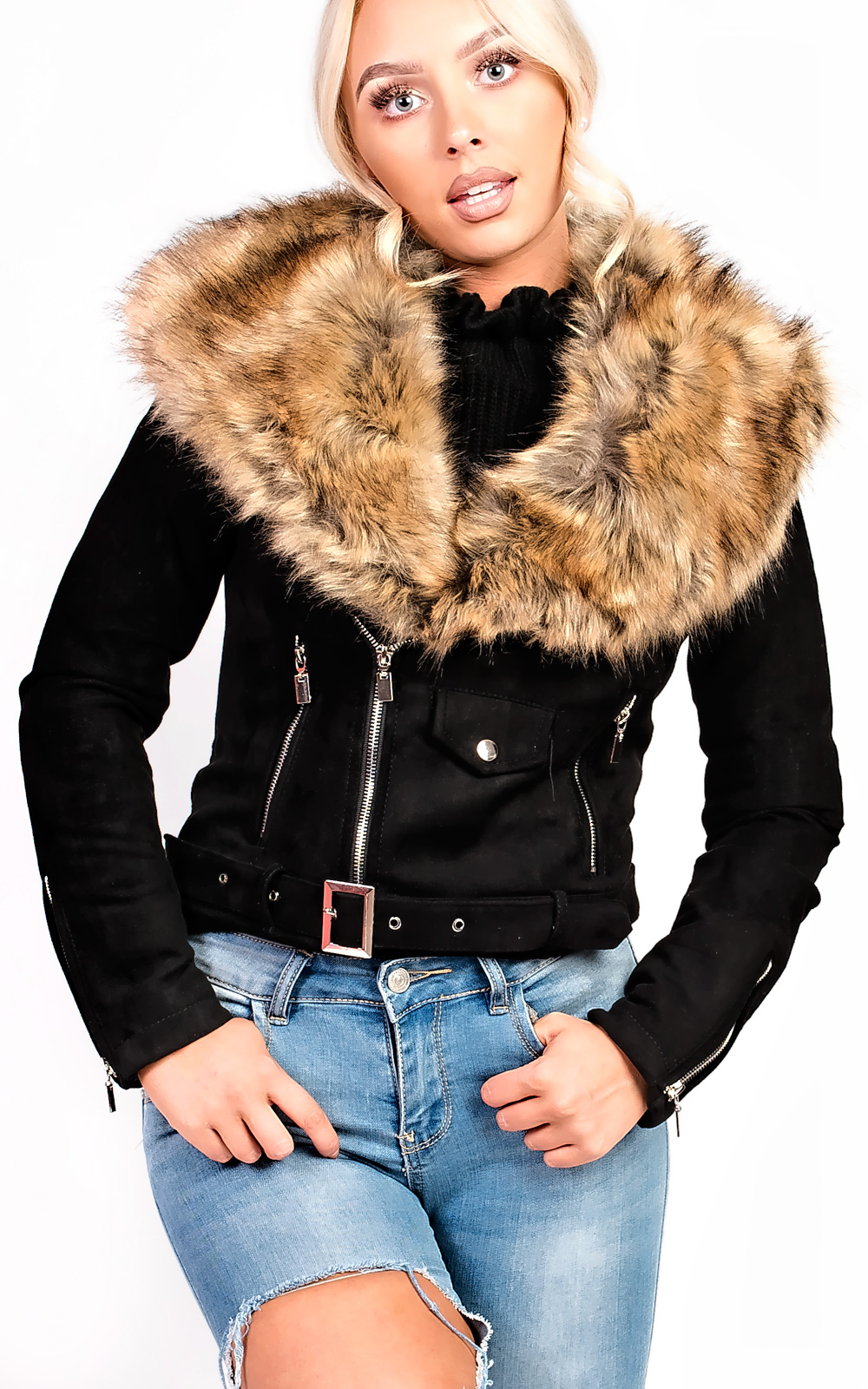 Brienna Faux Fur Suede Biker Jacket