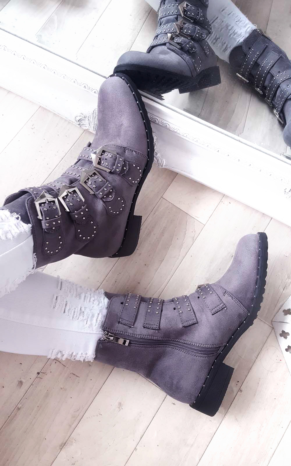 Alexis Studded Buckle Faux Suede Ankle Boots Thumbnail Alexis Studded Buckle Faux Suede Ankle Boots Thumbnail
