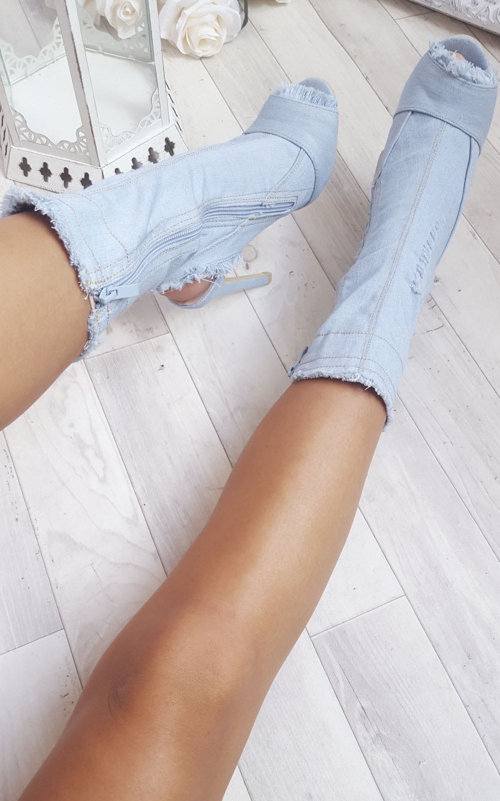 Dena Denim Frayed Peep Toe Heeled Ankle Boots Thumbnail Dena Denim Frayed Peep Toe Heeled Ankle Boots Thumbnail