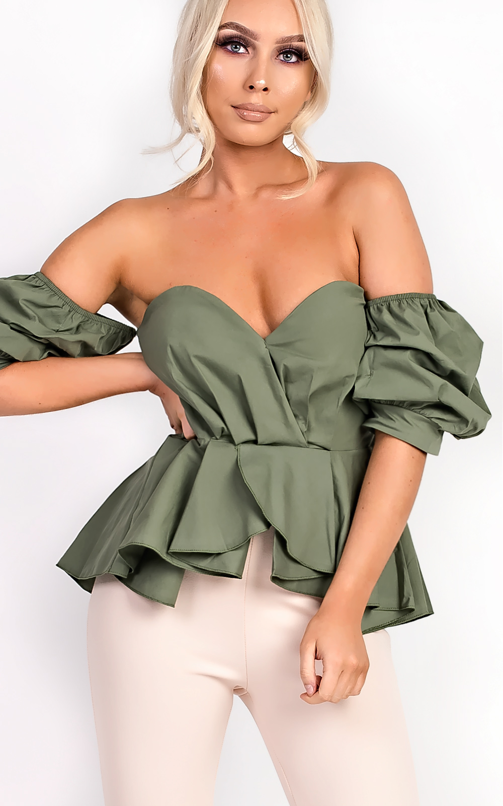 Beriska Bardot Ruffle Sleeve Peplum Top  Thumbnail