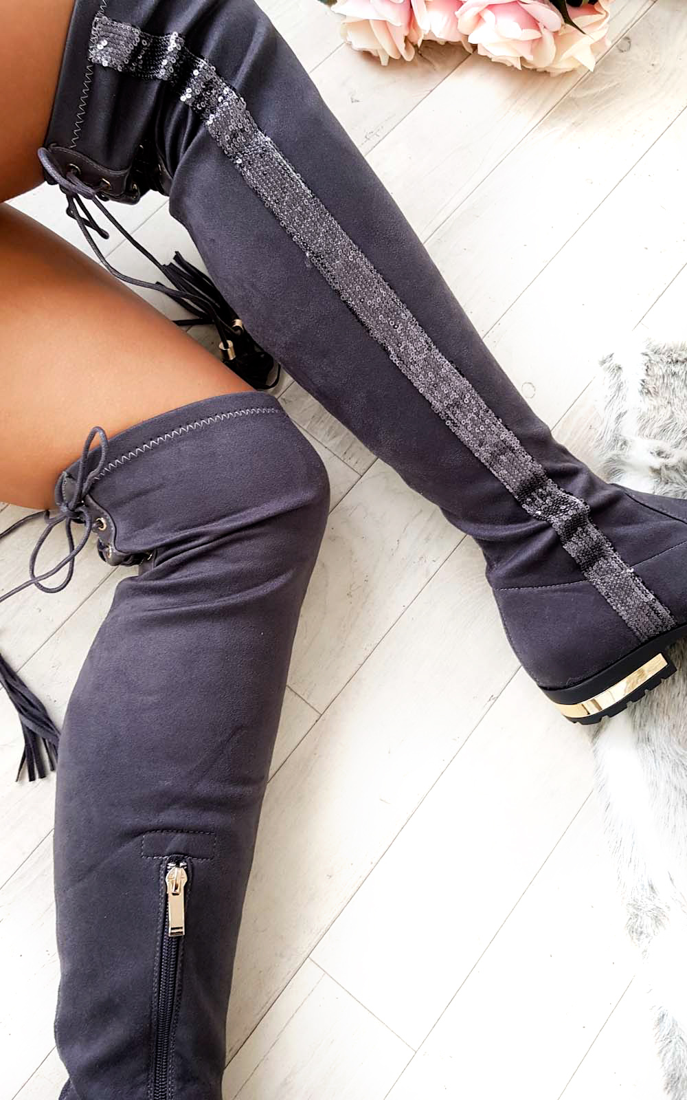 Amy Faux Suede Sequin Lace Up Knee High Boots Thumbnail Amy Faux Suede Sequin Lace Up Knee High Boots Thumbnail
