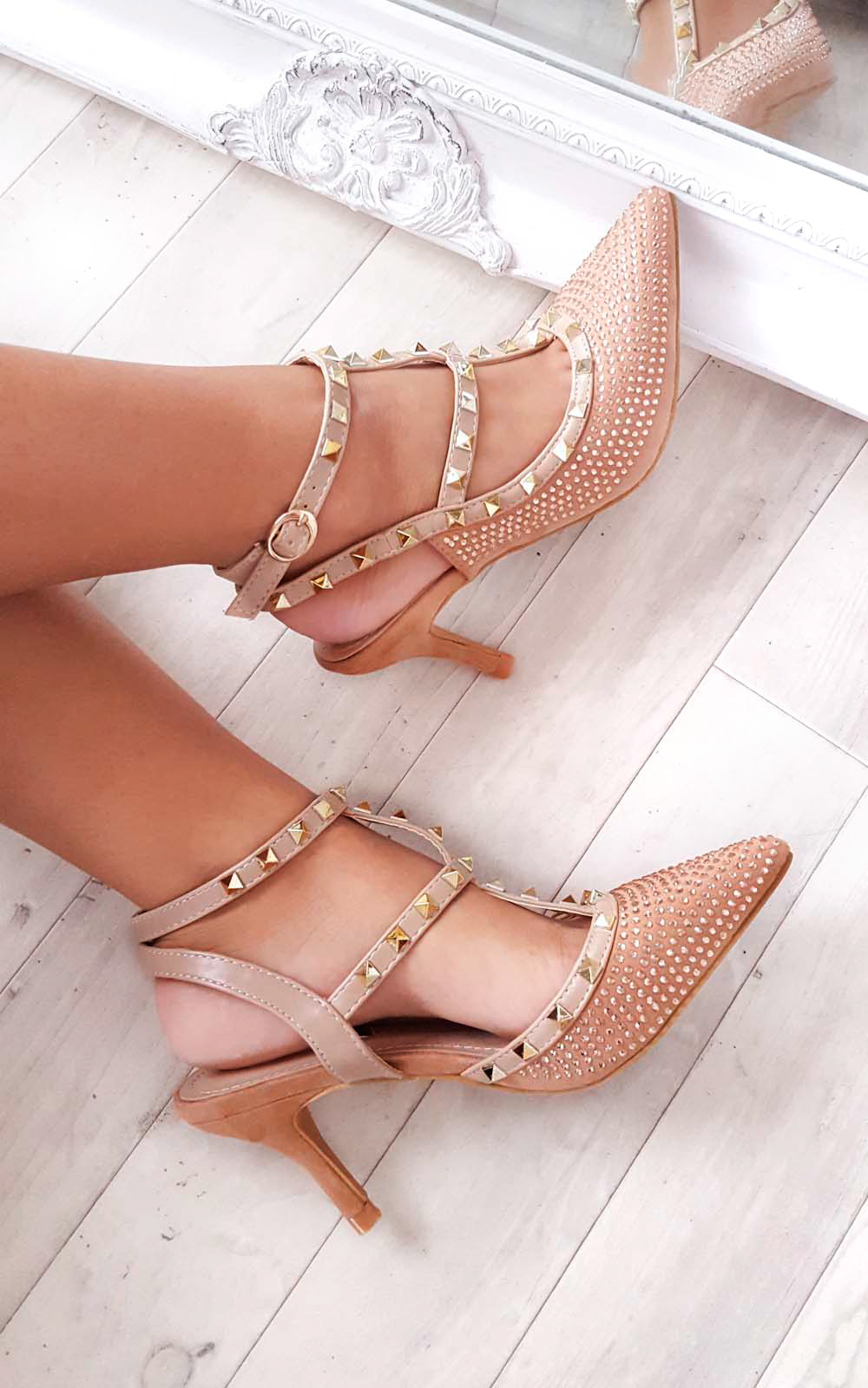 Ameria Multi Strap T-Bar Studded Embellished Court Heels Thumbnail