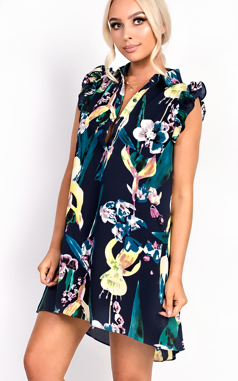 Bella Button Front Floral Frill Dress