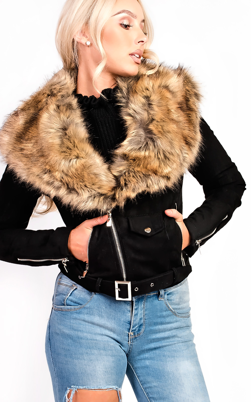 Brienna Faux Fur Suede Biker Jacket Thumbnail