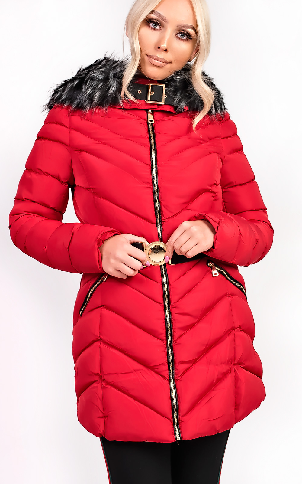 Stella Padded Faux Fur Hooded Belted Jacket Thumbnail