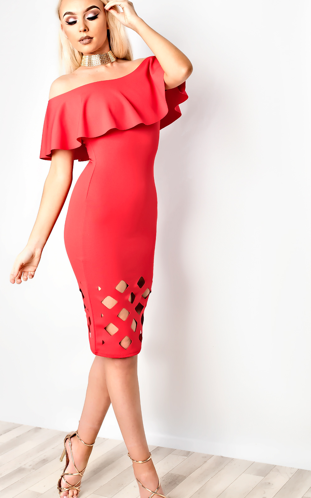 Samanthia Lasercut Off Shoulder Bodycon Dress Thumbnail