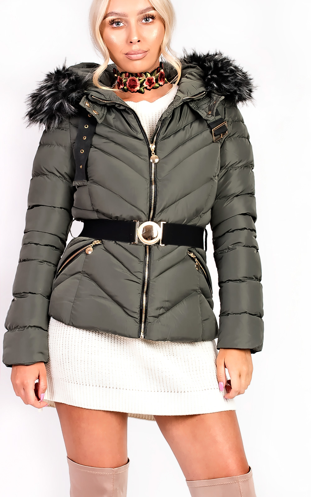 Elisia Padded Faux Fur Hooded Belted Jacket Thumbnail