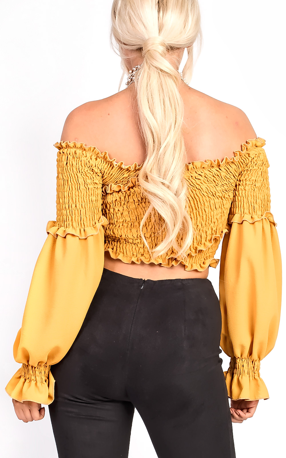 Karmen Bardot Stretch Long Sleeved Frill Crop Top Thumbnail Karmen Bardot Stretch Long Sleeved Frill Crop Top Thumbnail