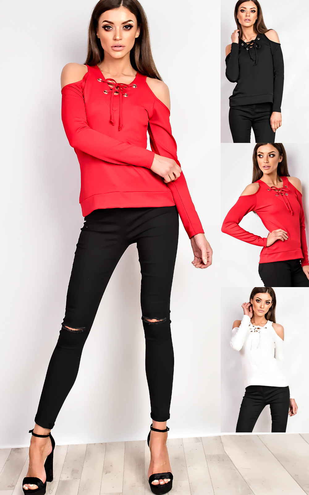 Hettie Eyelet Lace Up Cold Shoulder Top Thumbnail Hettie Eyelet Lace Up Cold Shoulder Top Thumbnail
