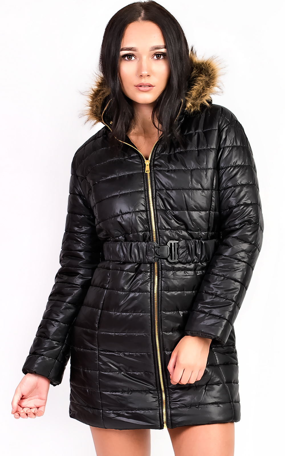 Ella  Padded Faux Fur Hooded Belted Jacket