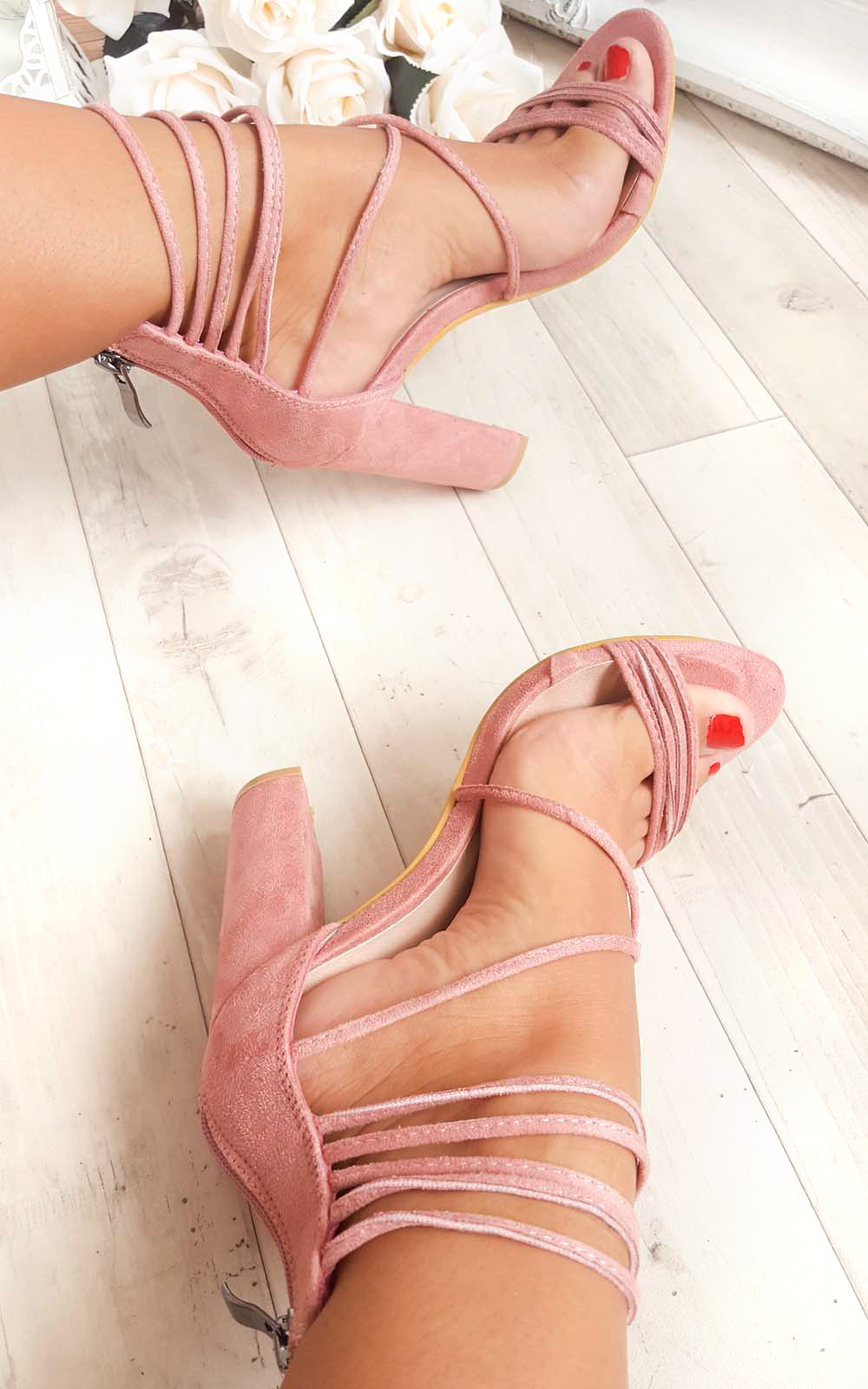 Larissa Strappy Faux Suede Block Heels Thumbnail