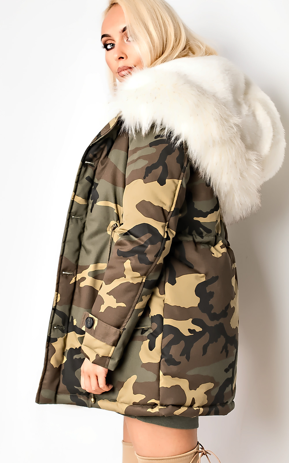 Clothing Faux Shearling Camo Jacket White Camila Faux Fur Camo