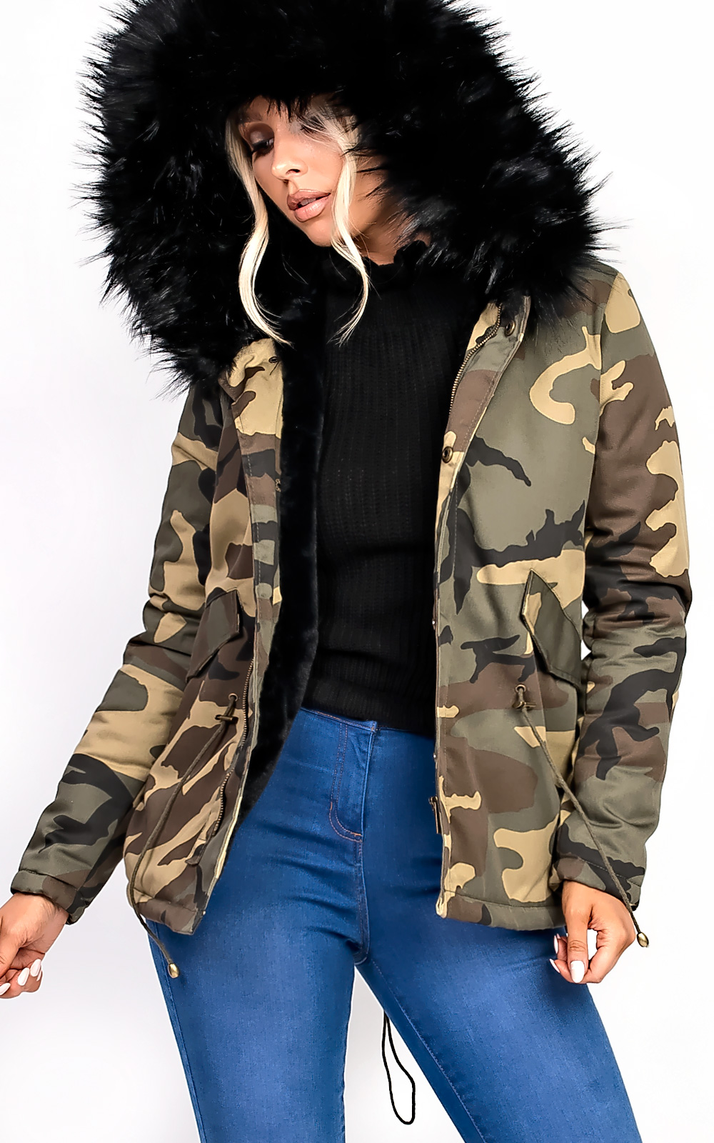 Sara Faux Fur Camo Parka Thumbnail