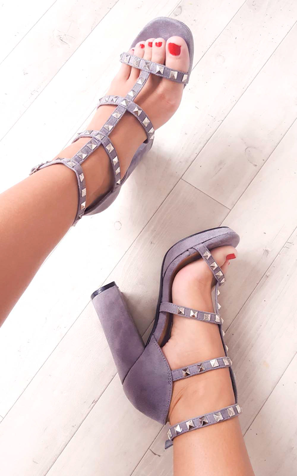 Layla Strappy Faux Suede Studded Block Heels Layla Strappy Faux Suede Studded Block Heels