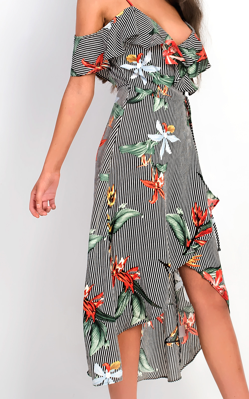 Julia Floral Frill Sleeve Wrap Front Midi Dress Thumbnail