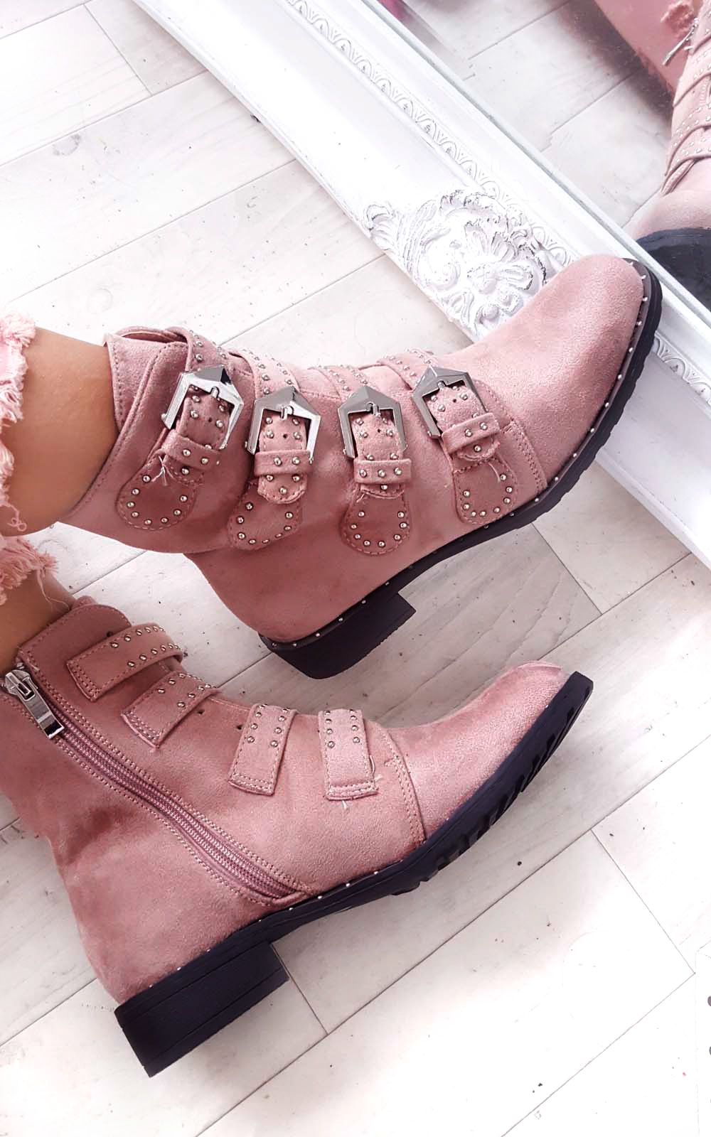 Alexis Studded Buckle Faux Suede Ankle Boots Thumbnail