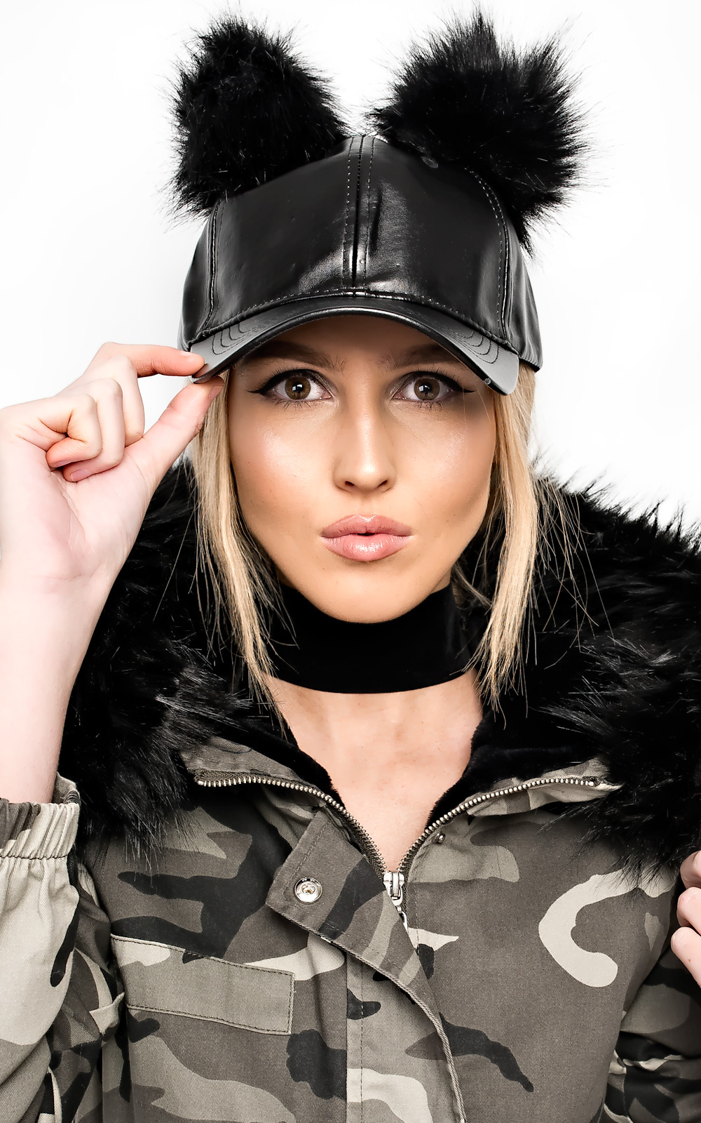 Perrie Double Pompom Leather Hat Perrie Double Pompom Leather Hat