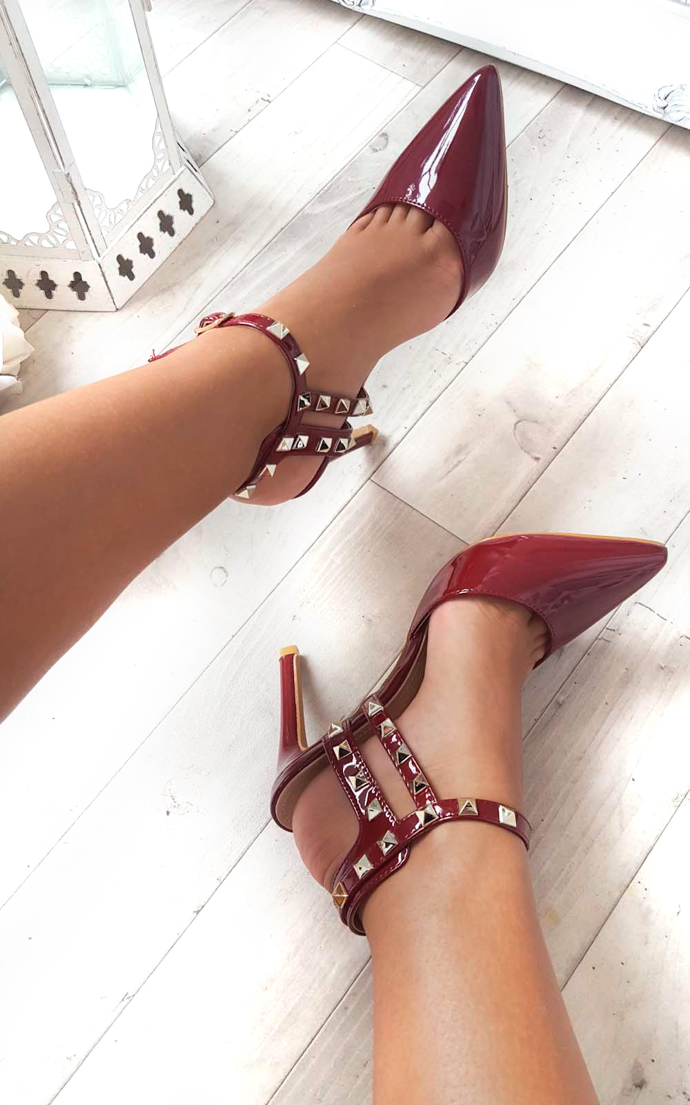 Valena Multi Strap T-Bar Studded Court Heels