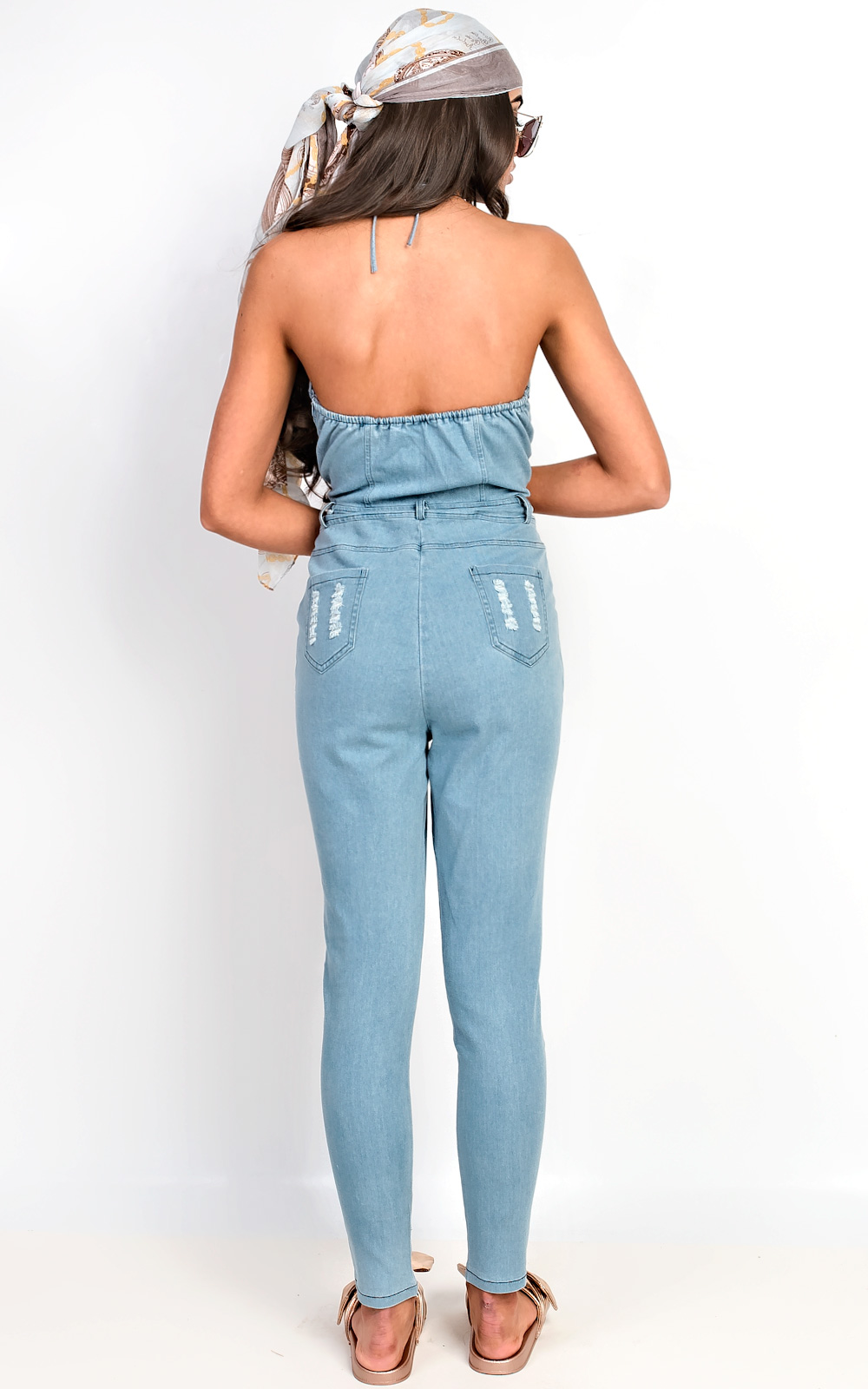 Hope Bandeau Lace Up Denim Jumpsuit Thumbnail