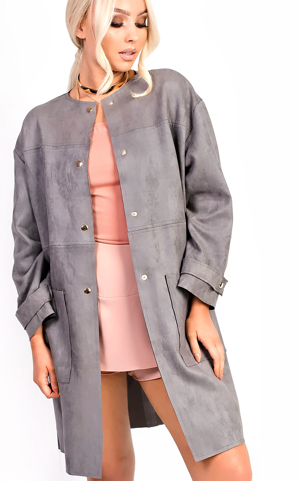 Carmellia Collarless Faux Suede Jacket Carmellia Collarless Faux Suede Jacket