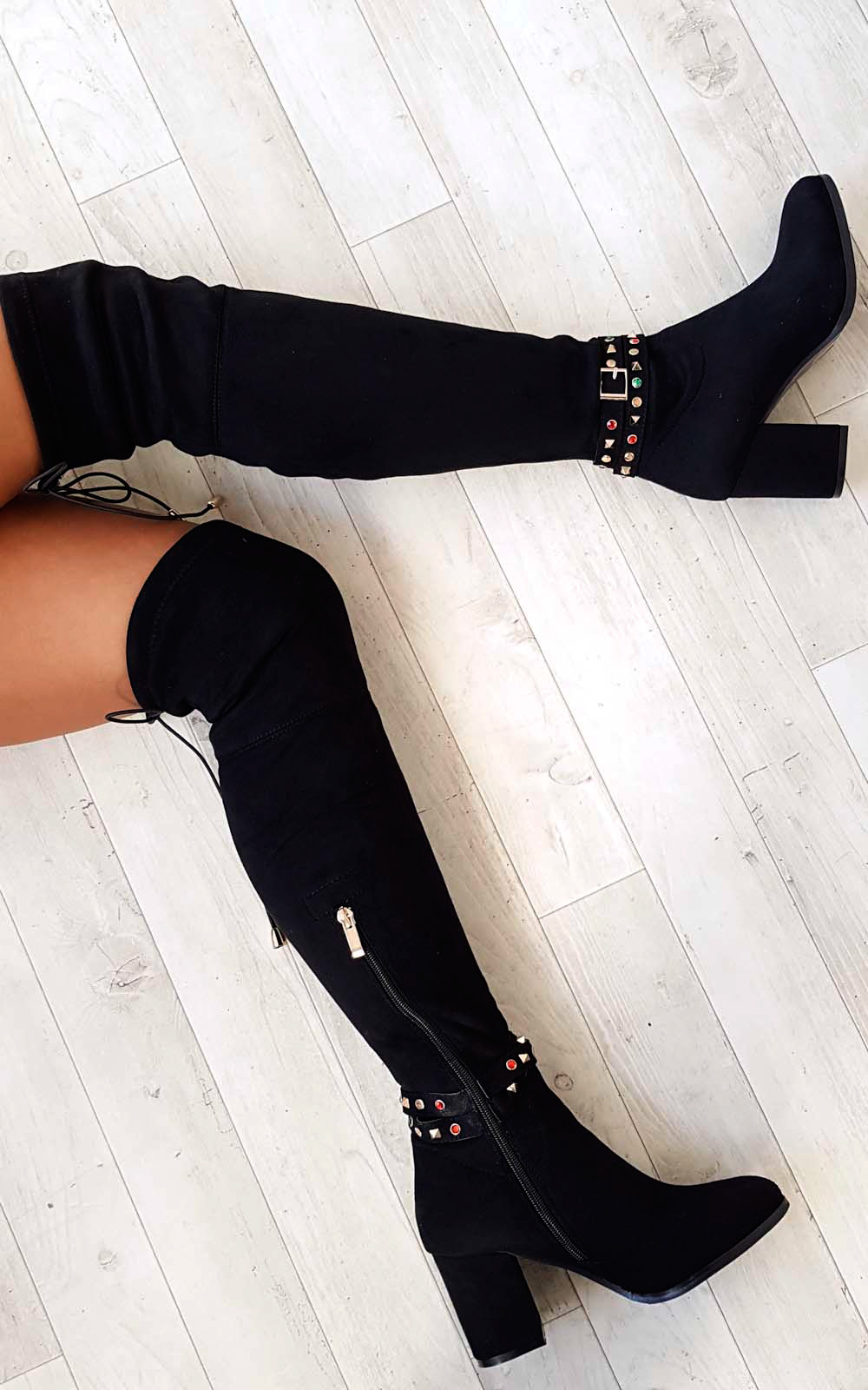 Abigail Faux Suede Gem Studded Knee High Boots