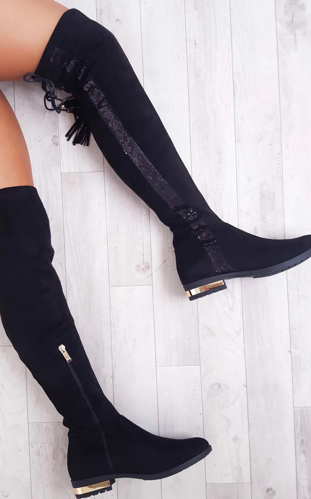 Amy Faux Suede Sequin Lace Up Knee High Boots Amy Faux Suede Sequin Lace Up Knee High Boots