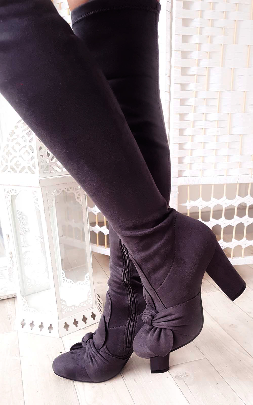 Corla Faux Suede Bow Front Knee High Boots Corla Faux Suede Bow Front Knee High Boots