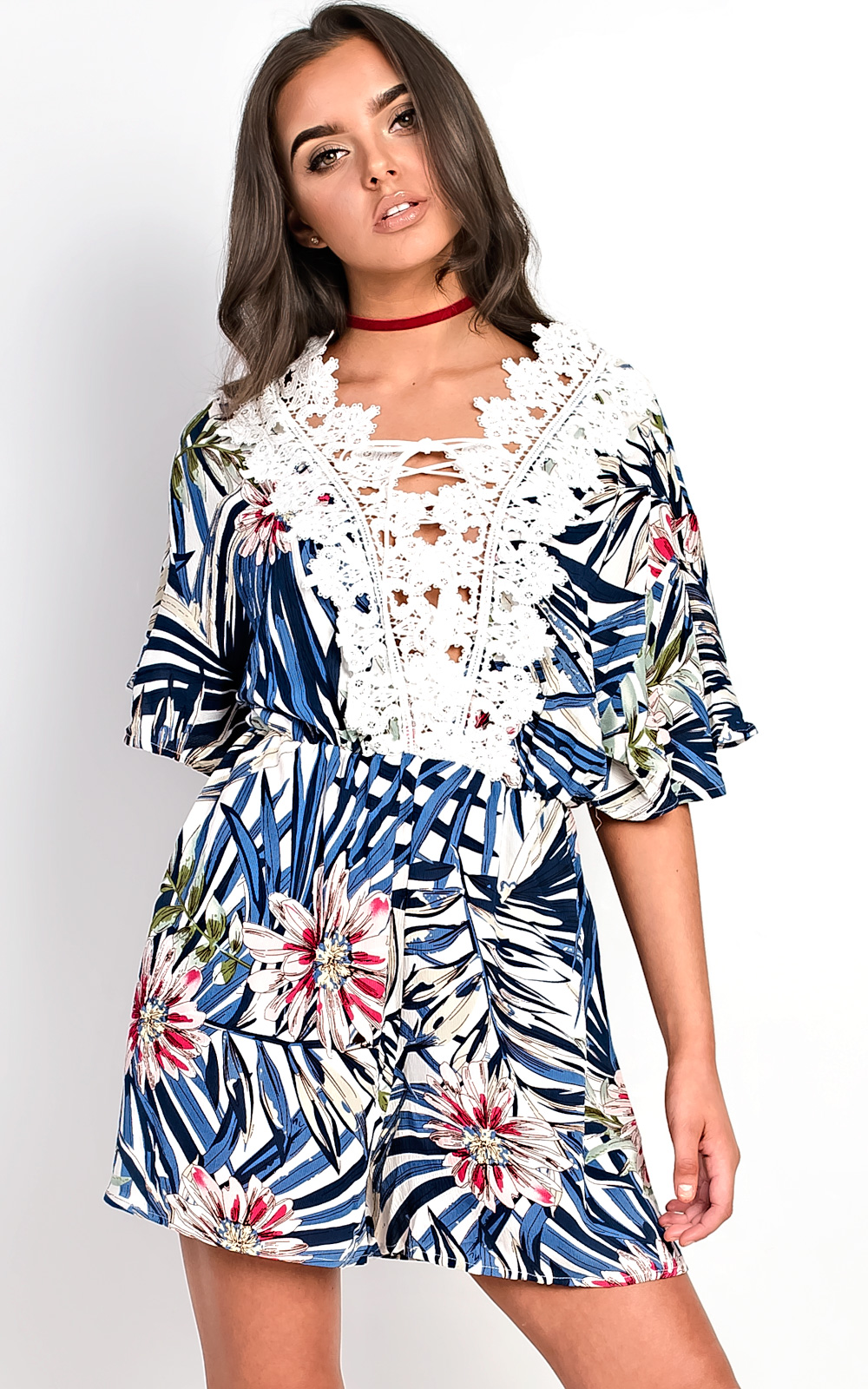 Cairo Crochet Floral Print Playsuit Cairo Crochet Floral Print Playsuit
