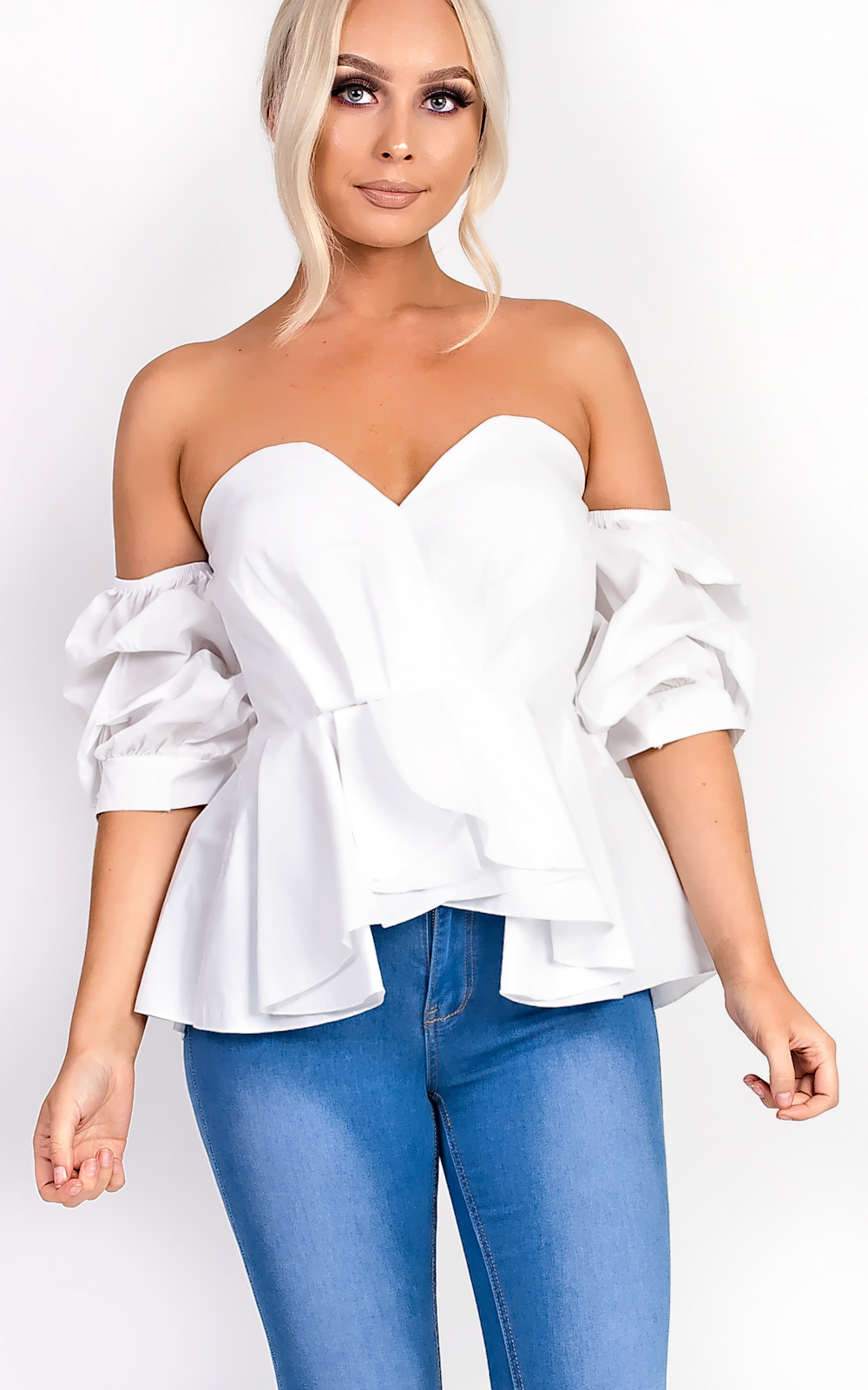 Beriska Bardot Ruffle Sleeve Peplum Top Thumbnail Beriska Bardot Ruffle Sleeve Peplum Top Thumbnail