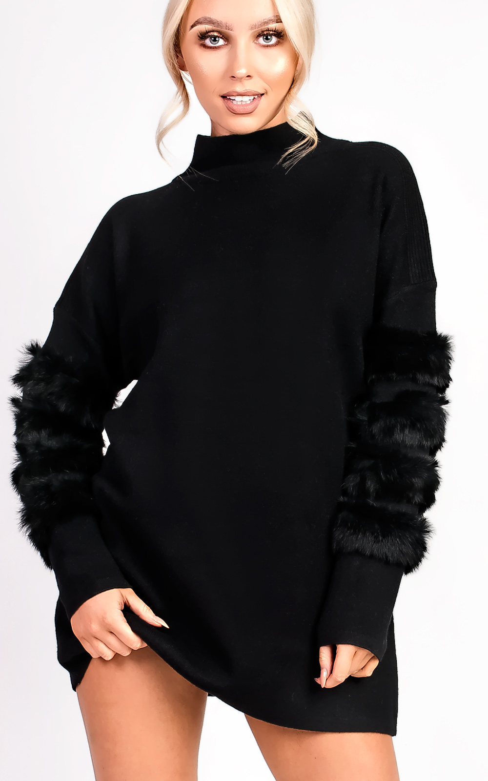 Eva Faux Fur Panel Knitted Dress Thumbnail Eva Faux Fur Panel Knitted Dress Thumbnail