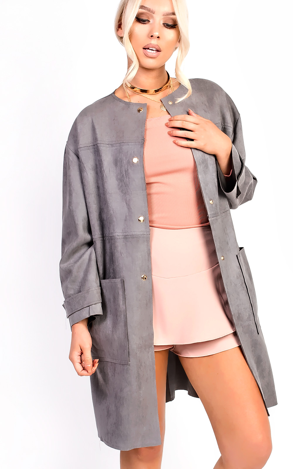Carmellia Collarless Faux Suede Jacket Thumbnail Carmellia Collarless Faux Suede Jacket Thumbnail